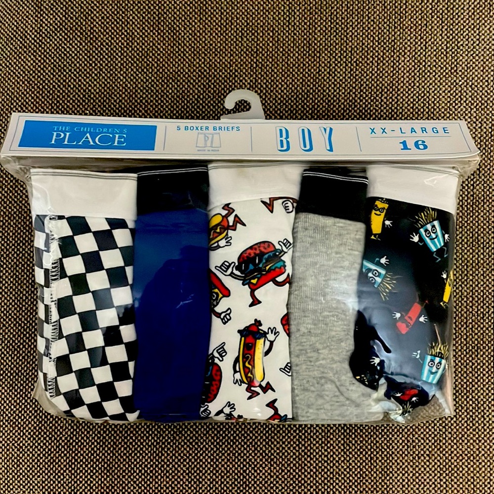 The Children’s Place XXL (16) Boys Boxer Briefs in assorted colors/prints.